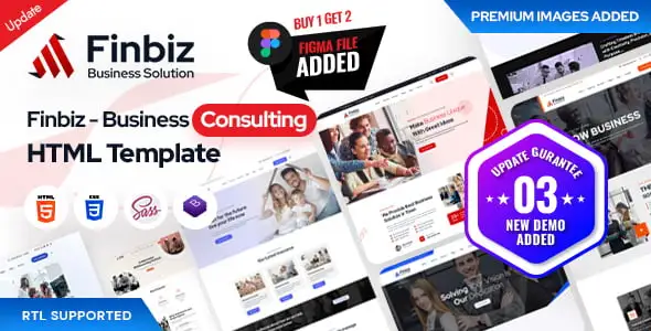 Finbiz consulting HTML template preview showing Bootstrap 5 responsive corporate website layout with 22 demo homepages