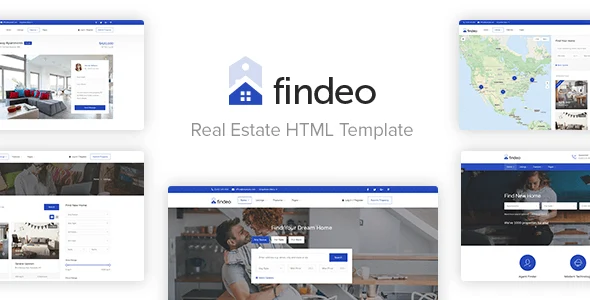 Findeo responsive real estate HTML template preview showcasing a modern property listing website layout