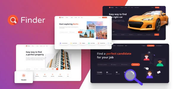 Finder WordPress directory theme demo showing real estate listing page with search filters, property cards, and map view