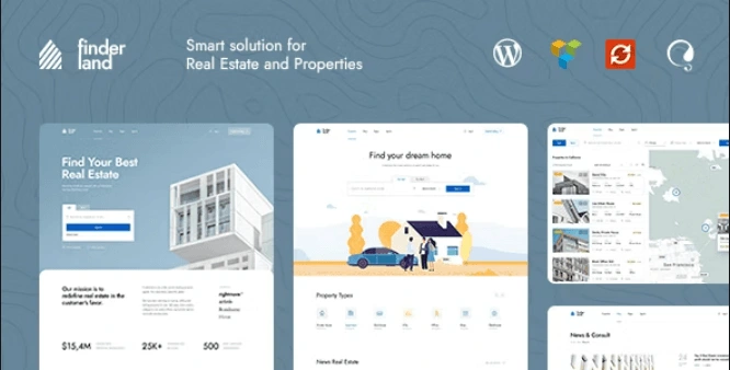 Finderland real estate WordPress theme showcasing property listings and virtual tour features