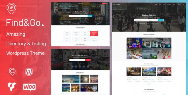 Findgo directory listing WordPress theme showing listing grid and map layout
