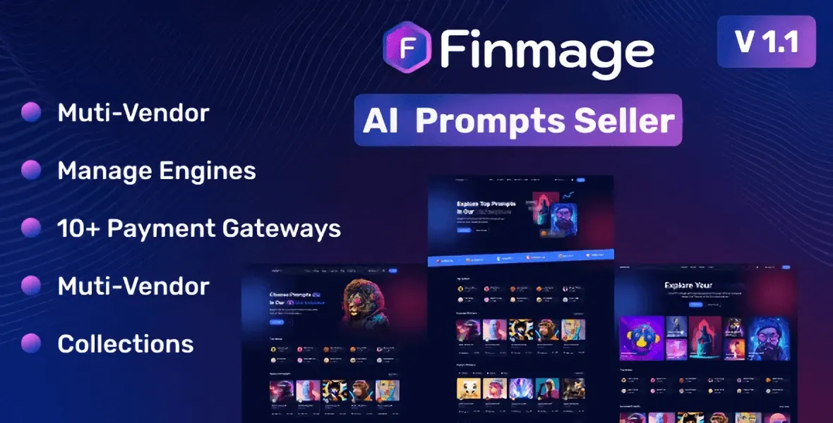 Finmage AI Prompts Seller multi-vendor marketplace PHP script interface showing AI art marketplace platform