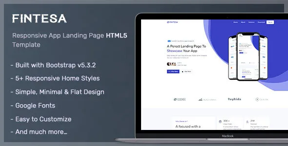 Fintesa responsive app landing page HTML template with clean single-page layout
