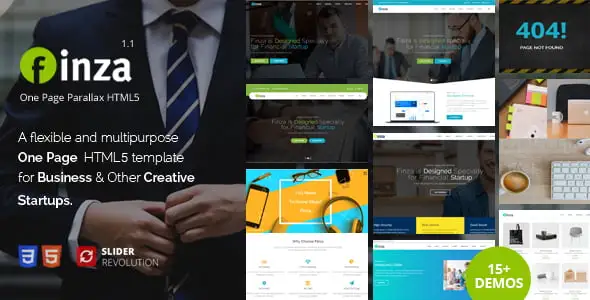 Finza one page parallax HTML5 template preview showing responsive business agency layout with smooth scrolling animations