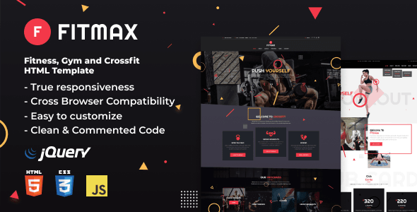 Fitmax responsive fitness HTML template preview showing gym website layout with Crossfit and studio design