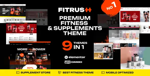 Fitrush fitness WooCommerce WordPress theme preview with health supplement store layouts