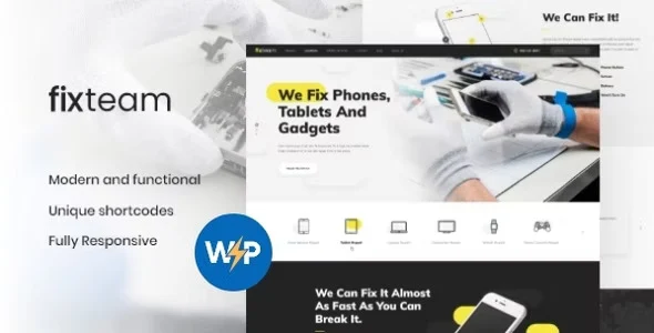 FixTeam electronics repair WordPress theme showcasing a professional mobile device service website layout