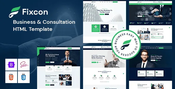 Fixcon business consulting HTML template preview showing professional layout for financial and legal firms