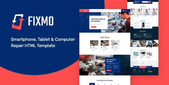 Fixmo smartphone repair HTML template preview showing a professional repair service website layout