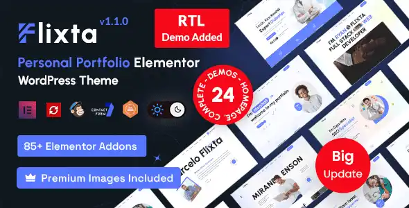 Flixta personal portfolio WordPress theme showcasing modern Elementor-built portfolio layouts
