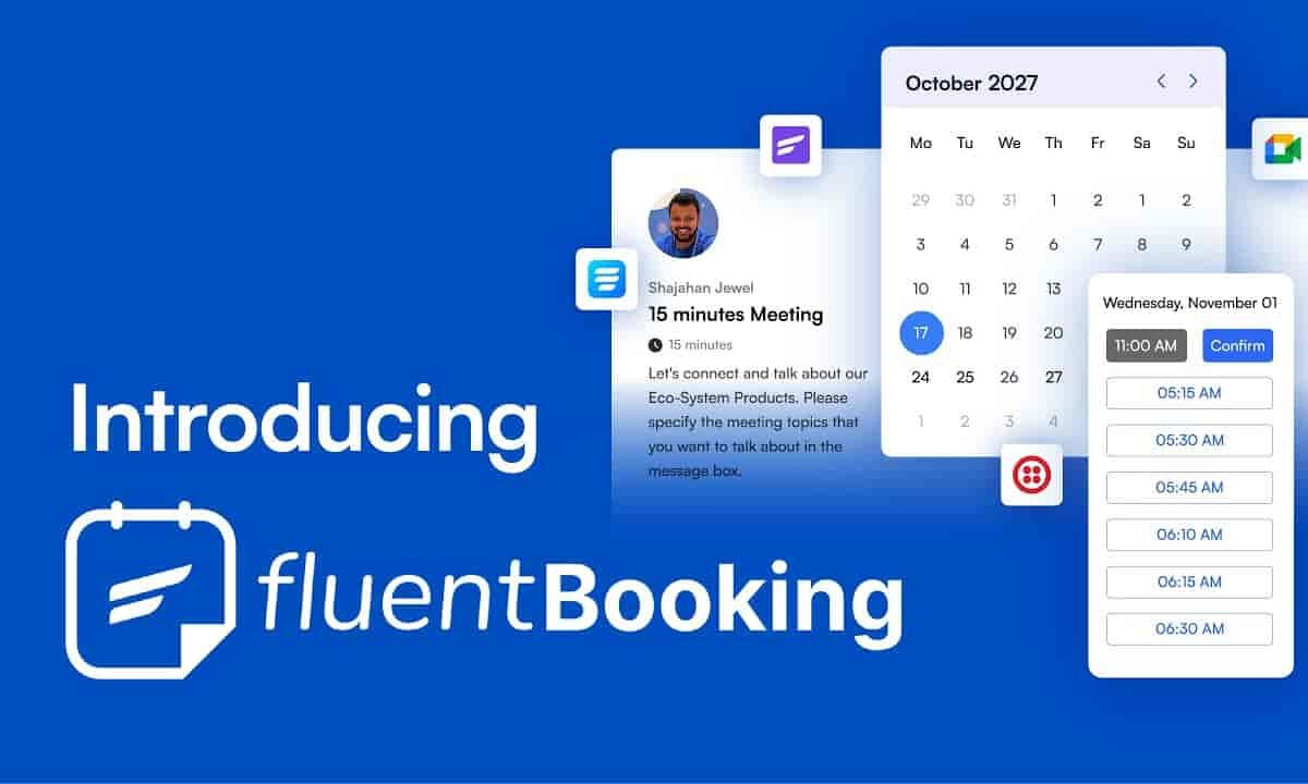Fluent Booking Pro WordPress booking plugin dashboard for managing unlimited calendars, appointments, and webinars
