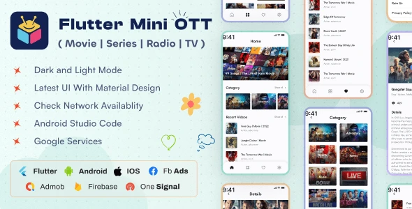 Flutter Mini OTT app interface showing live TV, movies, and radio streaming on mobile devices