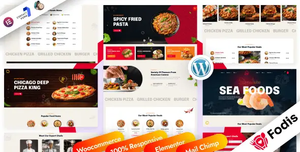 Fodis restaurant WordPress theme homepage preview showcasing modern food business website design with Elementor page builder compatibility