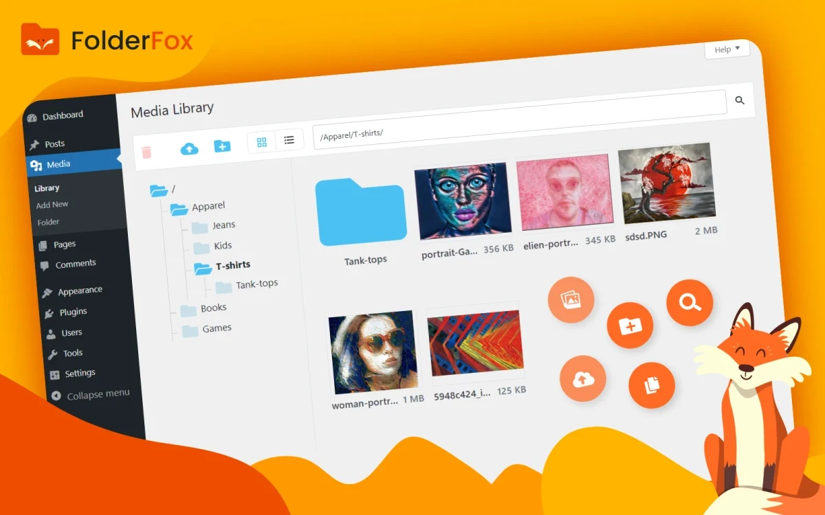 Folder Fox WordPress media folder plugin interface showing organized media library with drag-and-drop folder tree