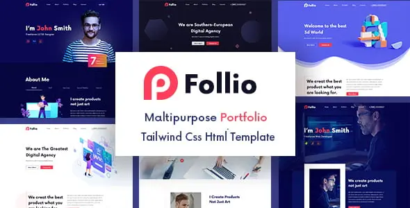 Follio multipurpose portfolio HTML5 template with Tailwind CSS showcasing responsive design layouts