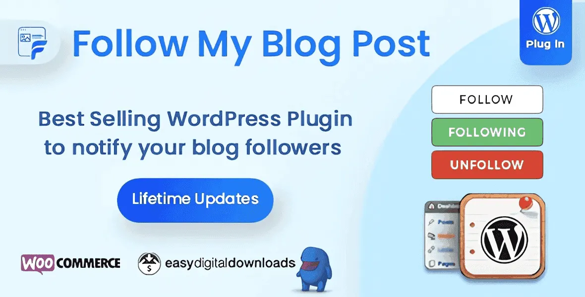 Follow My Blog Post WordPress plugin interface showing follow options for posts and categories