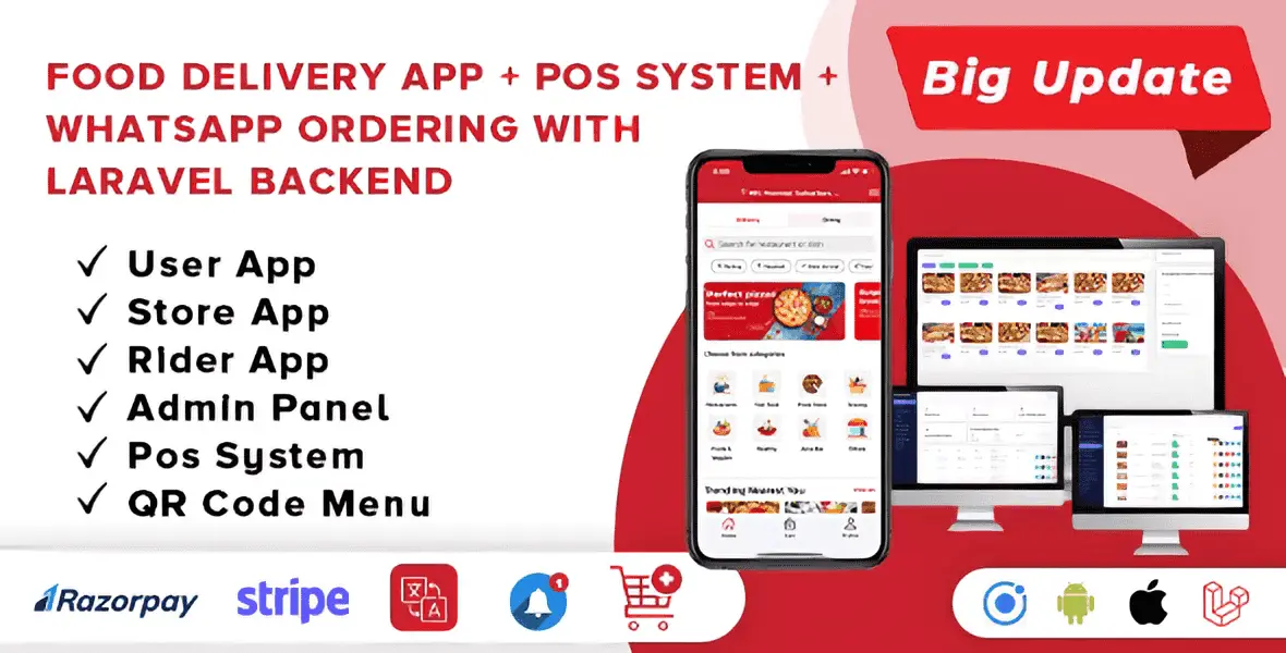 Food delivery app script interface showing multi-store management, POS system, and WhatsApp ordering dashboard