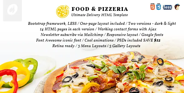 Food and Pizzeria HTML5 template showcasing restaurant website design with dark and light versions
