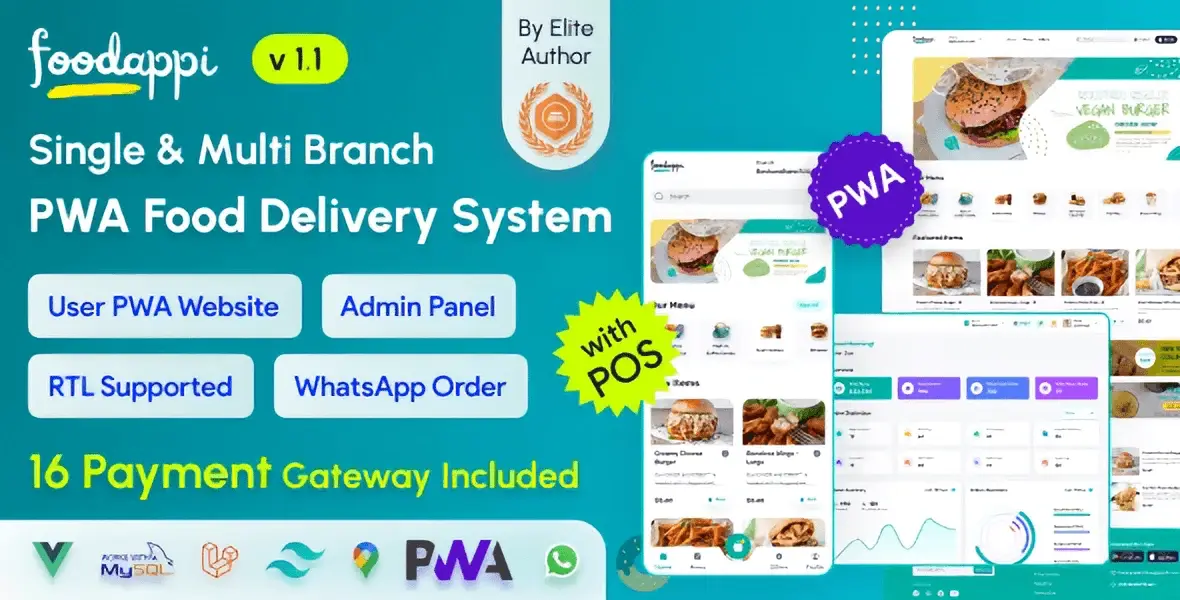 FoodAppi PWA food delivery system with WhatsApp ordering, admin panel, and restaurant POS interface