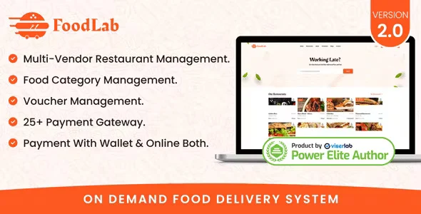 FoodLab food delivery PHP script dashboard showing restaurant listings, order management, and admin commission reports