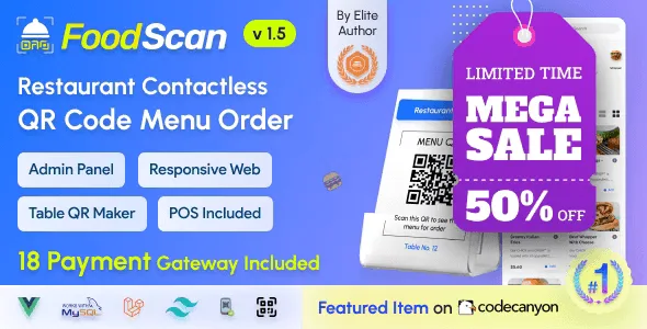 FoodScan contactless table ordering system displaying a QR code menu on a smartphone at a restaurant table