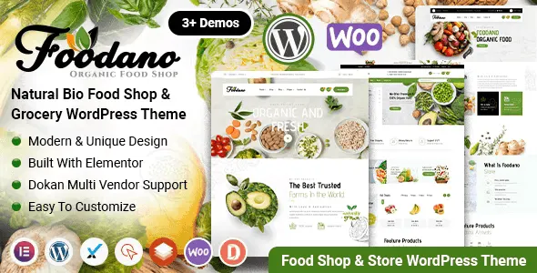Foodano WordPress theme homepage showing clean grocery store layout with AJAX cart and product grid