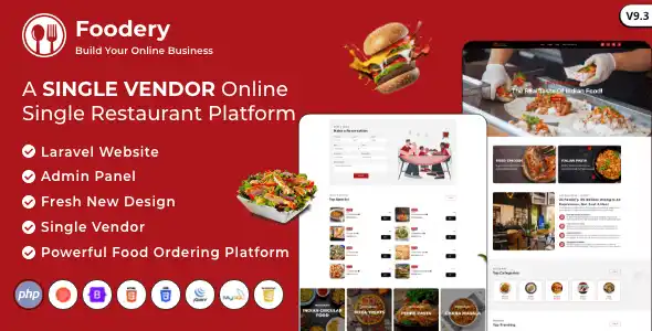 Foodefy Laravel food ordering script admin dashboard showing restaurant menu management and order tracking