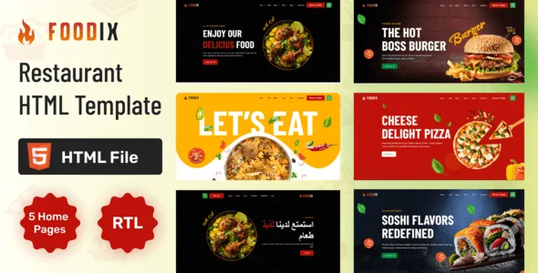 Foodix fast food and restaurant HTML template preview showcasing a responsive, customizable website design for food businesses