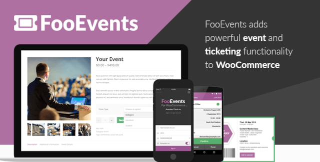 FooEvents for WooCommerce dashboard showing event ticket sales and mobile check‑in app with barcode scanner