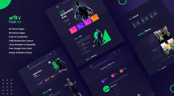 Footme football player portfolio HTML template preview showing responsive layout and homepage design