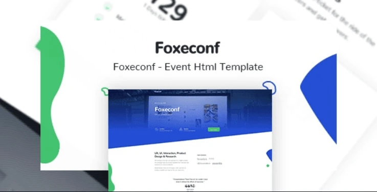 Foxeconf event and conference HTML template featuring responsive layout with schedule, speaker profiles, pricing tables, and countdown timer sections