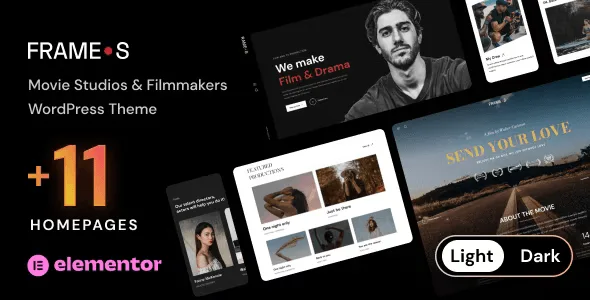 Frames WordPress theme homepage showing a dark cinematic layout with video portfolio grid, film reel thumbnails, and filmmaker studio branding