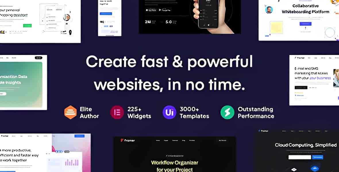 Framey WordPress theme dashboard showing Elementor editor with startup demo template