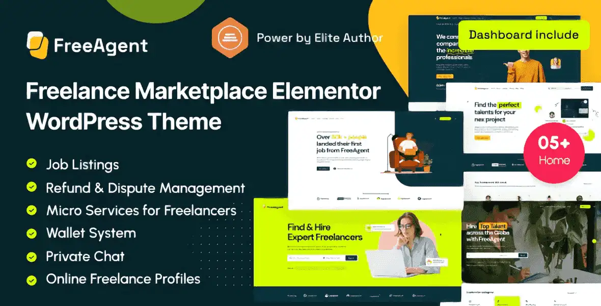 FreeAgent freelance marketplace WordPress theme preview for Elementor