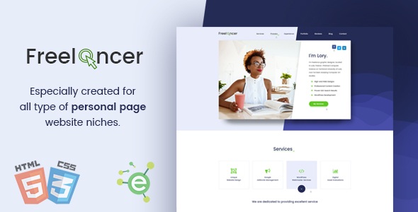 Freelancer portfolio HTML5 template preview showing a clean responsive personal page design