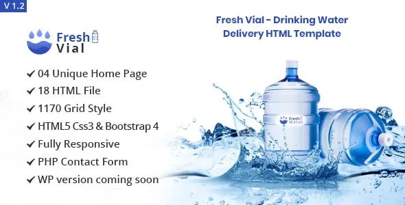 Fresh Vial water delivery website template preview showing responsive Bootstrap 4 layout