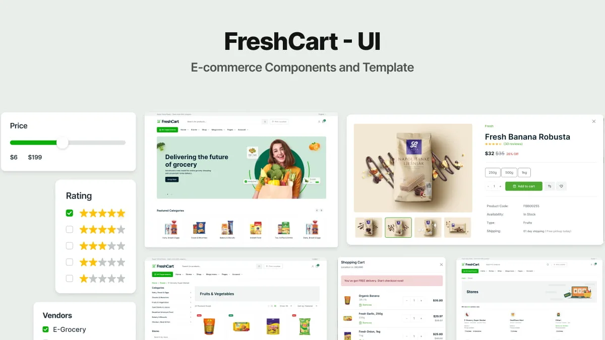 FreshCart responsive ecommerce HTML template with clean minimalist design and modern admin panel