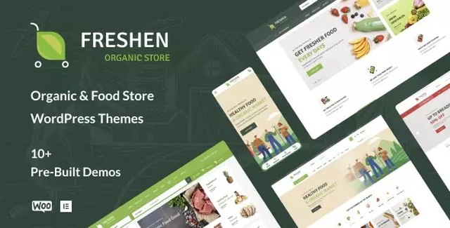 Freshen WordPress theme homepage demo showing organic food store layout with fresh produce, clean navigation, and product grid