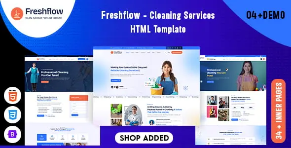 Freshflow cleaning services HTML template homepage preview showing modern responsive design