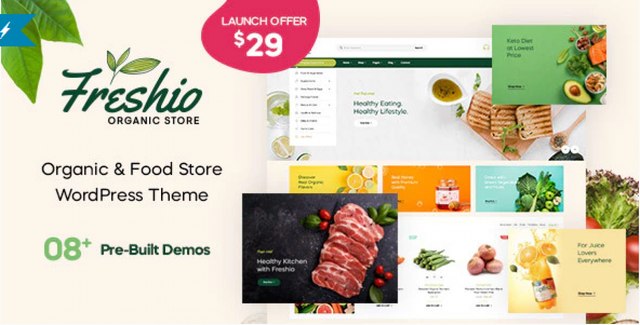 Freshio organic food store WordPress theme homepage demo showing desktop and mobile views