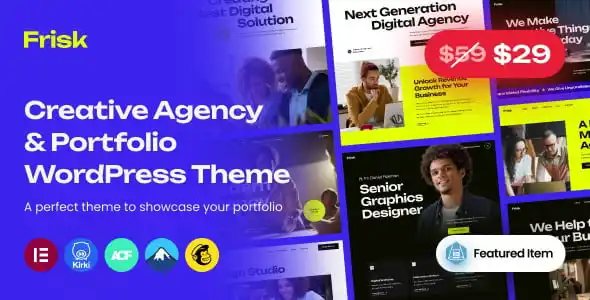 Frisk creative agency and portfolio WordPress theme showcasing modern website layouts on desktop and mobile