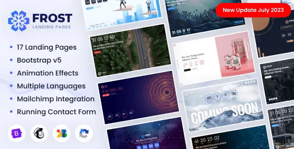 Frost Bootstrap 4 coming soon template preview with countdown timer and email subscription form