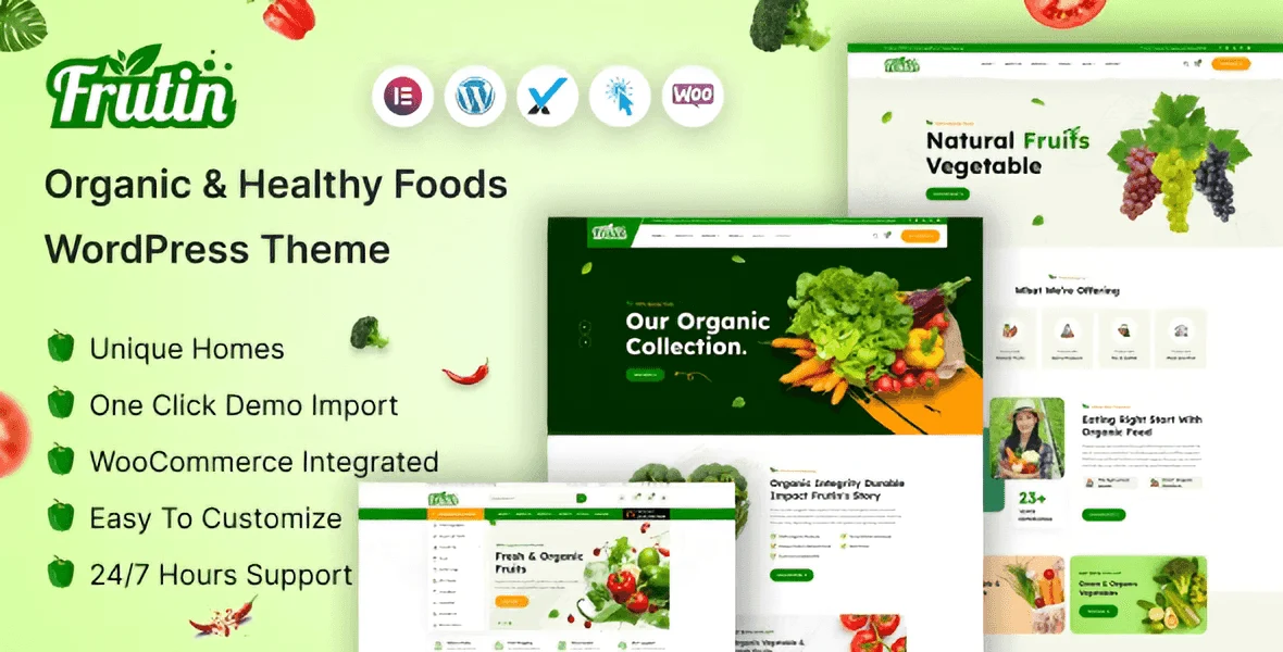 Frutin organic food WordPress theme homepage layout preview