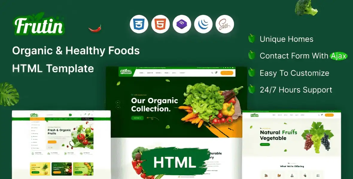 Frutin organic food HTML template homepage preview for farm and grocery websites