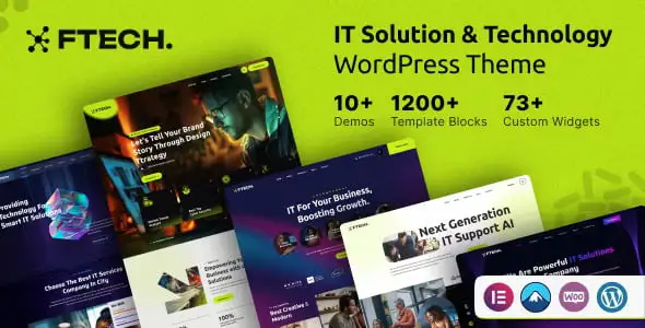 Ftech IT Solution and Technology WordPress theme homepage preview with Elementor builder