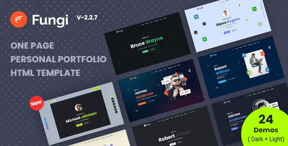 Fungi Bootstrap 5 one-page personal portfolio HTML template showcasing bio, projects, partners, and blog sections