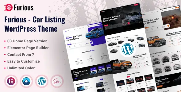 Furious car listing WordPress theme homepage showing responsive vehicle inventory layout on desktop and mobile