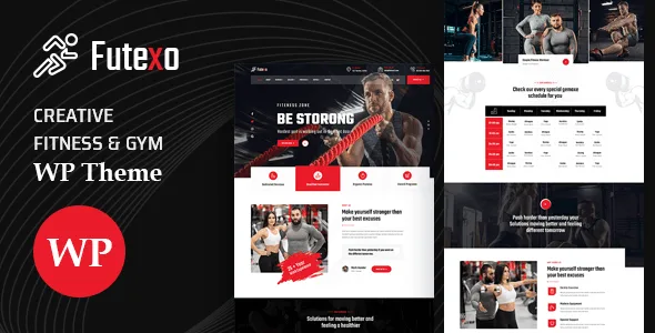 Futexo fitness WordPress theme homepage demo showing gym class schedule and training features
