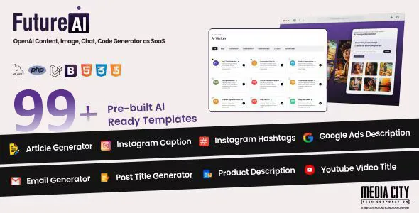 FutureAi OpenAI SaaS PHP script dashboard showing content, image, chat and code generation tools