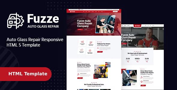Fuzze auto glass repair HTML template preview showing automotive service layout